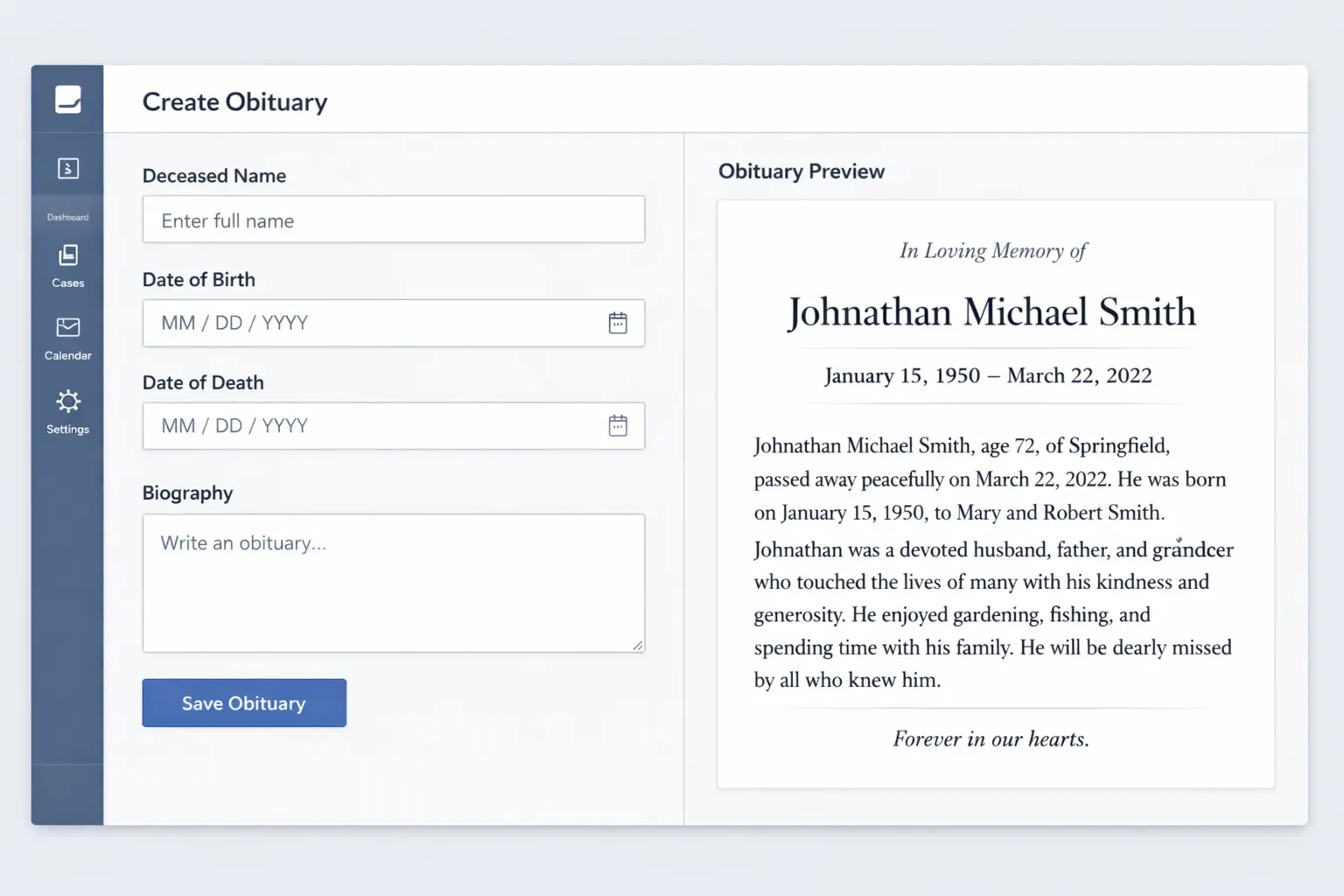 ObituaryCraft Dashboard Preview